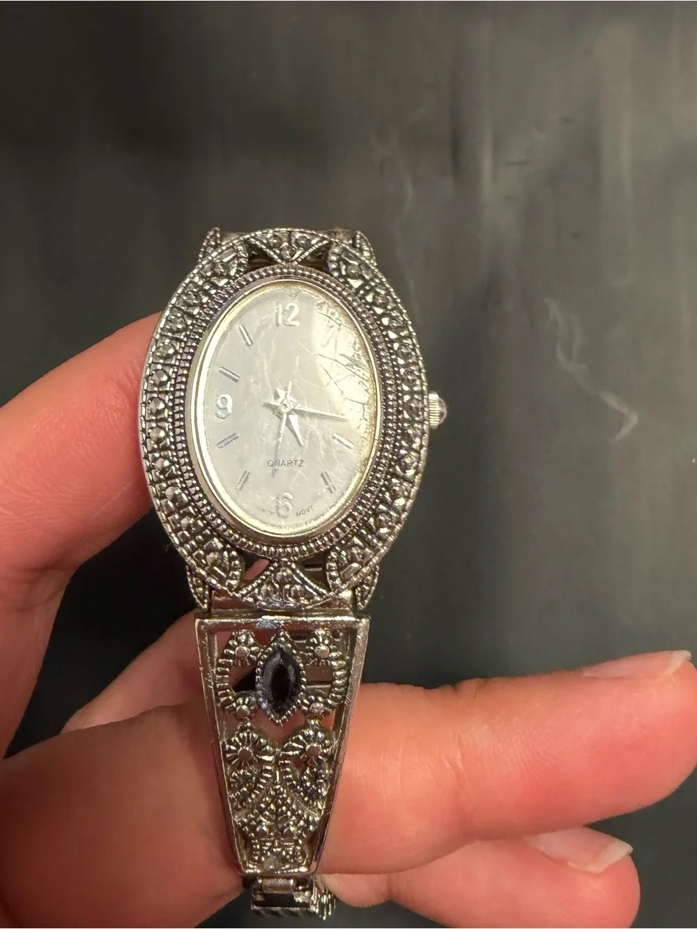 Art Deco Marcasite Silver-Tone Watch – Oval Face – Vintage Ladies